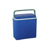 A blue cooler box with a green handle is shown against a white background. Produktbild-Vorschau