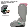 A close-up side view of a pink and gray child car seat, with text overlays highlighting features. Produktbild-Vorschau