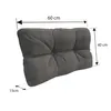 A gray tufted cushion with dimensions indicated by measurement lines and text. Voir les images du produit