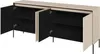 A modern sideboard with its doors open, revealing shelves inside, set against a white background. Produktbild-Vorschau