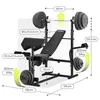 A diagram showing the dimensions of a black weight bench with weights. Produktbild-Vorschau