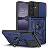 A blue and black armor phone case with a ring stand is displayed, with a phone inside the case visible in the background. Produktbild-Vorschau