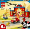 The image shows the box of a LEGO Mickey and Friends Fire Truck & Station playset, featuring characters like Mickey Mouse, Minnie Mouse, Goofy, and Pluto. Produktbild-Vorschau