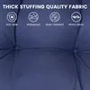 Close-up of a dark blue tufted cushion, likely for outdoor furniture, with marketing text and icons overlayed at the top. Náhled obrázku produktu