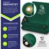 A folded green tarp is shown with text and icons highlighting its features. Podgląd zdjęcia produktu