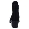 A back view of a black suede boot with a block heel. Produktbild-Vorschau