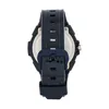 The back of a blue digital watch with a silver dial is shown against a white background. Voir les images du produit