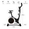 A white and black exercise bike with dimensions and features indicated by text and icons. Produktbild-Vorschau