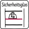 A diagram illustrating a shelf with a weight on it, labeled 'Sicherheitsglas'. Produktbild-Vorschau