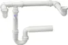 A white plastic plumbing siphon for a double sink with a device connection. Produktbild-Vorschau