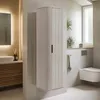 A modern bathroom with a tall, ribbed cabinet, sink, and toilet. Produktbild-Vorschau