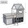 A diagram showing the dimensions of a children's bunk bed with a house-like structure and storage shelves. Náhľad obrázku produktu