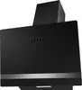 A black angled cooker hood with a silver trim and control buttons. Produktbild-Vorschau