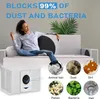 A woman relaxing on a couch with an air purifier in the foreground and various particles shown in circles. Produktbild-Vorschau