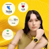 A woman wearing a yellow smartwatch, with various health and notification data displayed in circles around her. Voir les images du produit