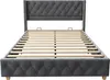 A grey upholstered bed frame with a slatted wooden base, shown from the front. Voir les images du produit