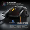 A gaming mouse with RGB lighting and text overlays describing its features. Produktbild-Vorschau