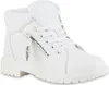 A white women's boot with laces and a faux fur lining.
