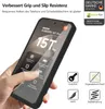 A hand holding a smartphone case with marketing text and icons. Produktbild-Vorschau