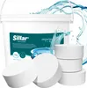 A bucket of chlorine tablets for a pool or hot tub, with some tablets shown in the foreground and water splashing in the background. Produktbild-Vorschau