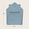 A blue hooded baby towel with a bear face design is shown flat against a light beige background. Dimensions are indicated with orange lines and text. Náhled obrázku produktu