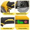 A collage of four close-up images of a yellow and black cordless circular saw, highlighting different features. Produktbild-Vorschau