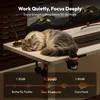 A cat sleeping on a white desk with monitors in the background, and marketing text overlayed. Produktbild-Vorschau