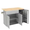 A gray kitchen island with a wooden countertop, open cabinets, and a towel rack. Náhled obrázku produktu