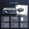 A collage of images showing a projector and its accessories against a dark background. Voir les images du produit