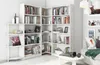 A corner bookshelf filled with books and decorative items, placed in a living room setting. Produktbild-Vorschau