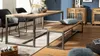 A dining room scene with a wooden table and bench, chairs, and a cabinet. Anteprima dell’immagine prodotto