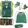 A collection of school supplies including a backpack, pencil case, drawstring bag, and accessories, all with a lizard theme. Produktbild-Vorschau
