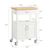 A white kitchen cart with a wooden top, shown with dimensions indicated by lines and text. Produktbild-Vorschau