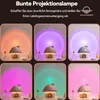 A collage of six images showing a mushroom-shaped lamp projecting different colored sunset lights. Produktbild-Vorschau