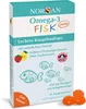 A product box for Norsan Omega-3 Fisk Jelly, with illustrations of fish, fruit, and the product itself. Produktbild-Vorschau
