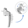 A silver lockable window handle with two keys, shown from the front and with a close-up inset showing its locking mechanism. Anteprima dell’immagine prodotto