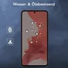A smartphone screen protector with water droplets on it, displayed against a dark blue textured background. Icons representing fingerprint and water resistance are shown on the left. Produktbild-Vorschau