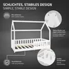 A white house-shaped children's bed with descriptive callouts highlighting its features. Produktbild-Vorschau