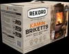 A cardboard box of Rekord Kamin Briketts, showing a graphic of a wood-burning stove with a fire inside. Produktbild-Vorschau