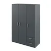 A three-door wardrobe with drawers in graphite color, presented on a white background. Podgląd zdjęcia produktu