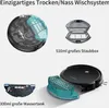 Collage showing different parts and features of a robot vacuum cleaner, including its internal components, dustbin, and water tank. Náhled obrázku produktu