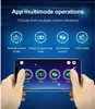A smartphone displaying app interfaces for controlling a device, with hands holding the phone. Produktbild-Vorschau