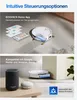 A split image showing a robot vacuum cleaner with its app interface and then with smart home devices. Produktbild-Vorschau
