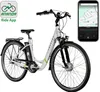 A white and green electric bicycle is shown against a white background, with a smartphone displaying a navigation app next to it. Produktbild-Vorschau