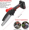 A mini chainsaw with specifications and scope of applications shown. Produktbild-Vorschau