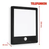 A black Telefunken LED outdoor wall lamp with a white illuminated panel and a silver button, shown against a white background with dimensions indicated. Produktbild-Vorschau
