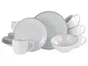 A collection of white ceramic dishes and mugs with a speckled pattern and brown trim, arranged on a white background. Náhľad obrázku produktu