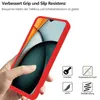 A hand holding a red phone case with a smartphone inside, with marketing icons and text. Produktbild-Vorschau