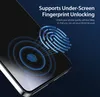 A graphic illustration of a fingerprint unlocking a phone screen, with text describing the feature. Produktbild-Vorschau