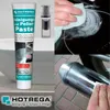 A collage showing a tube of cleaning and polishing paste, a close-up of a faucet part, a hand cleaning a black surface, and a hand polishing a motorcycle exhaust pipe. Produktbild-Vorschau